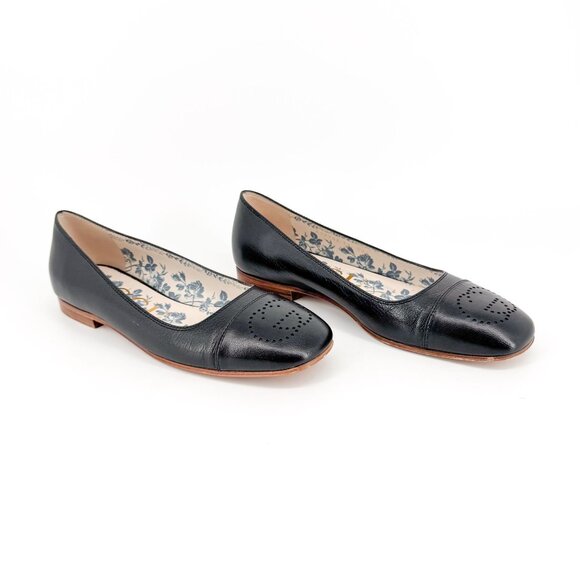 Gucci Hills GG Interlock Black Leather Cap Toe Ballet Flats Shoes Size 39 US 9 - Picture 1 of 16